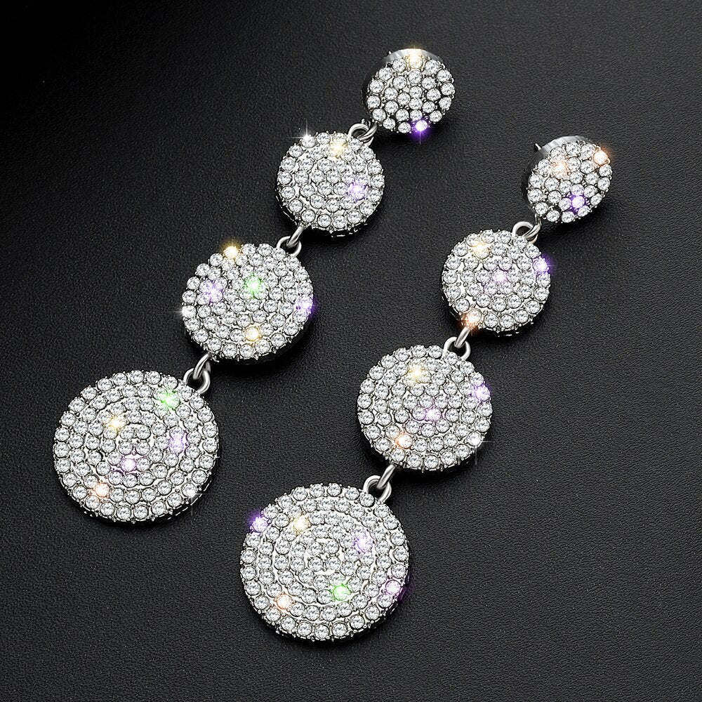 Four Round Full Rhinestone Drop Earrings for Women Big