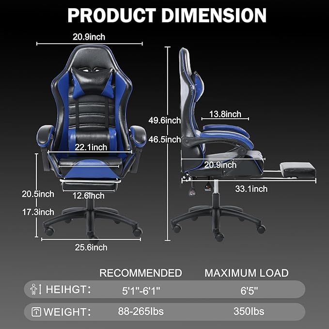 Ergonomic Gaming Chair for Adults, Comfortable Computer Chair for Heavy People, Adjustable Height Office Desk Chair with Wheels, Breathable Leather Video Game Chairs