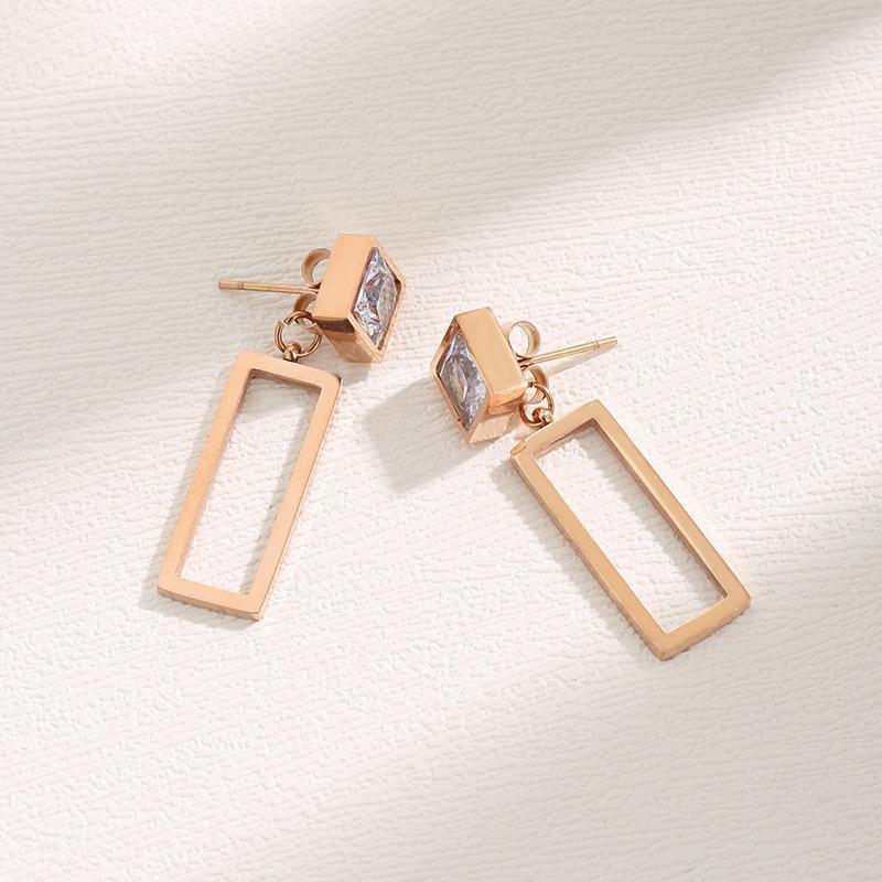 Japan and South Korea simple rhinestone rectangular pendant female new titanium steel earrings earrings personality temperament earrings with ear jewelry