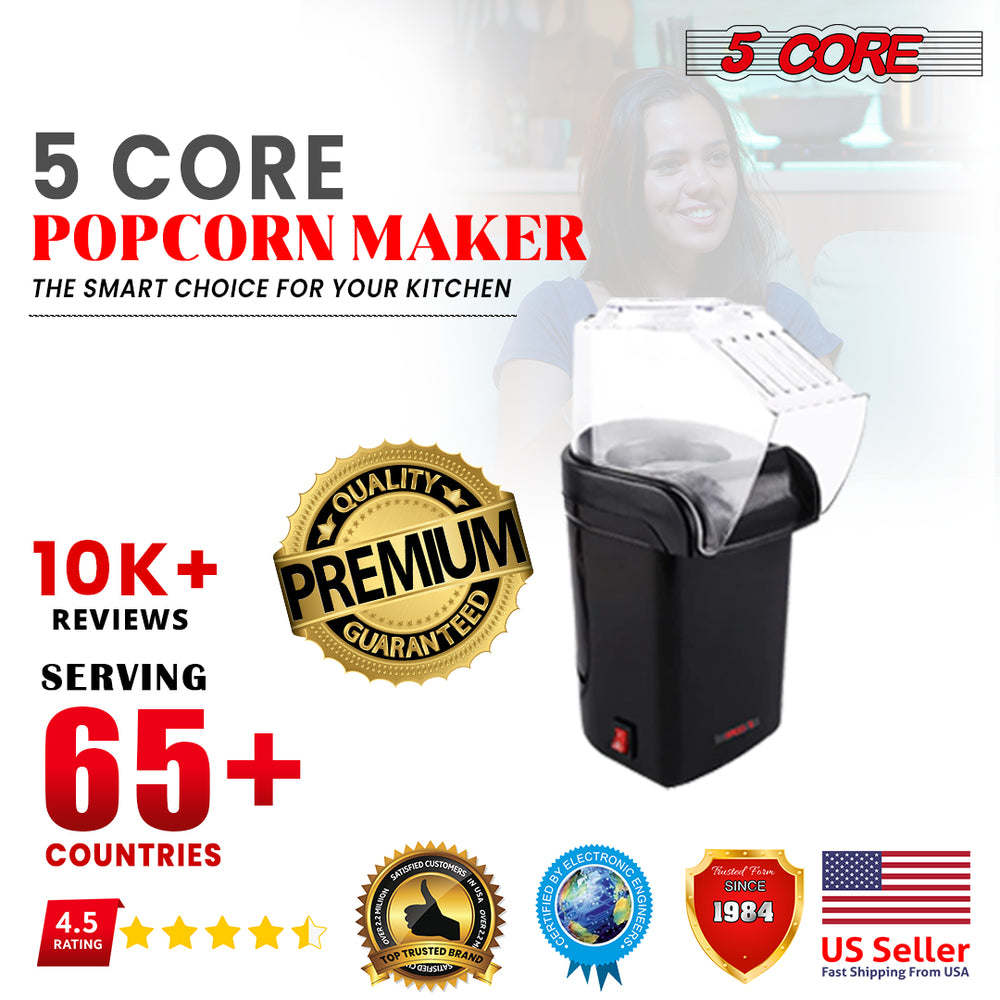 5 Core Hot Air Popcorn Popper Machine 1200W Electric Popcorn Kernel Corn Maker Bpa Free, 95% Popping Rate, 2 Minutes Fast, No Oil-Healthy Snack for Kids Adults, Home, Party, Gift POP