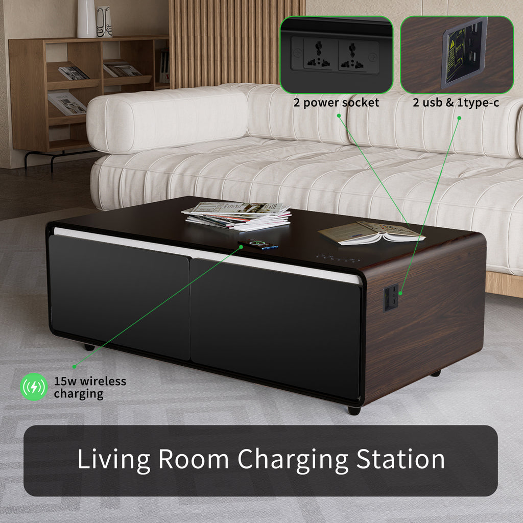 Modern Smart Coffee Table with Built-in Fridge, Bluetooth Speaker, Wireless Charging, Touch Control Panel, Power Socket, USB Interface, Outlet Protection, Atmosphere light