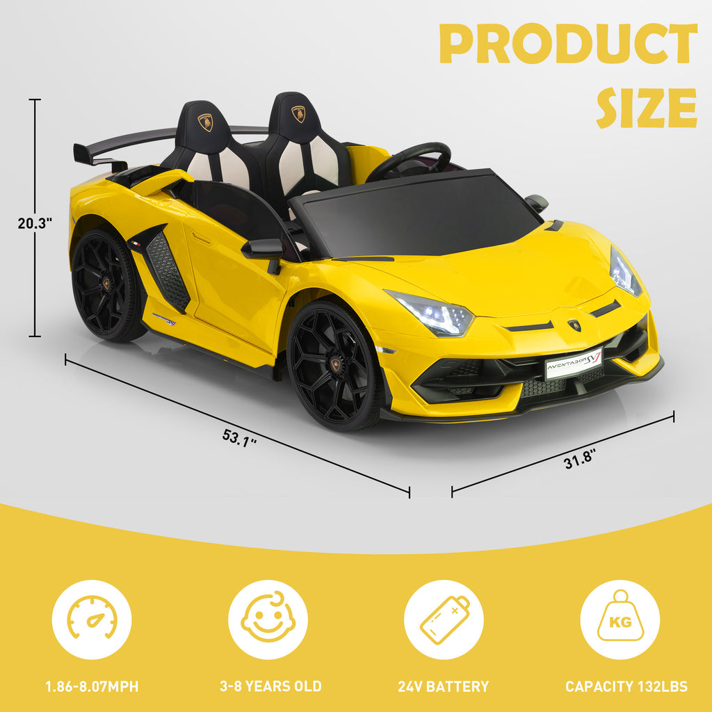 Licensed Lamborghini 24V Kids Ride On Electric Cars, Battery Powered Drifting Car with Double PU Seats, Remote Control, High-Low Speed, LED Lights, MP3, USB, Toy Gift for 3-8 Years Old, Yellow