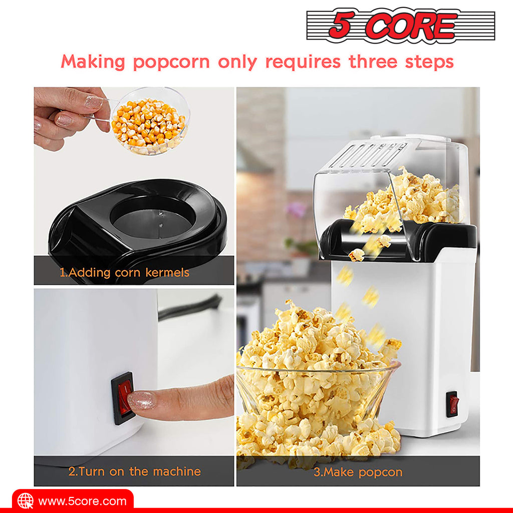 5 Core Hot Air Popcorn Popper Machine 1200W Electric Popcorn Kernel Corn Maker Bpa Free, 95% Popping Rate, 2 Minutes Fast, No Oil-Healthy Snack for Kids Adults, Home, Party, Gift POP