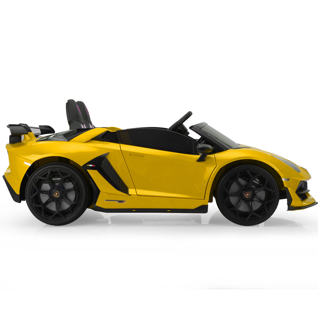 Licensed Lamborghini 24V Kids Ride On Electric Cars, Battery Powered Drifting Car with Double PU Seats, Remote Control, High-Low Speed, LED Lights, MP3, USB, Toy Gift for 3-8 Years Old, Yellow