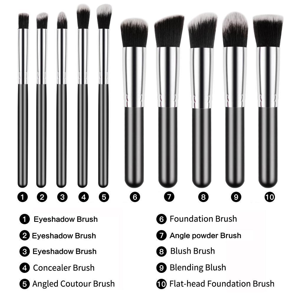 Mini Makeup Brushes Set for Travel - Synthetic, 10 Pieces, Black/Silver