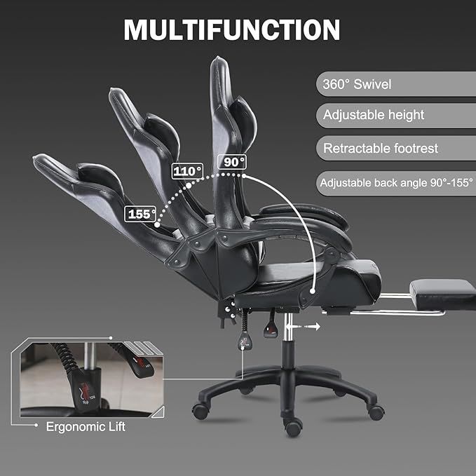 Ergonomic Gaming Chair for Adults, Comfortable Computer Chair for Heavy People, Adjustable Height Office Desk Chair with Wheels, Breathable Leather Video Game Chairs